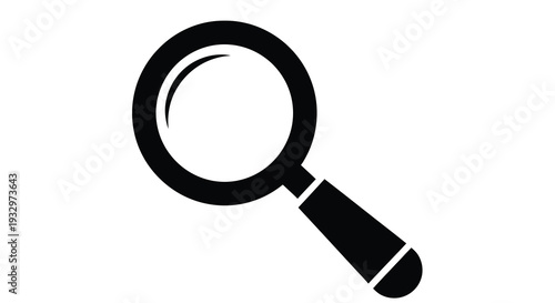 A stark black silhouette of a magnifying glass against a plain white background representing investigation and focus silhouette