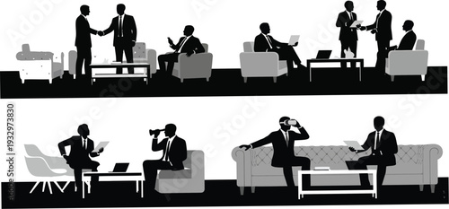 Collage of small business figures conducting meetings and conversations while sitting on modern sofas and chairs in lounge areas.