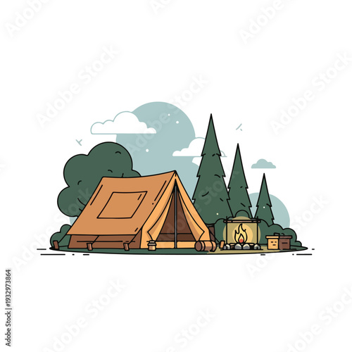 Illustration of a tent and campfire in a forest clearing during summer with trees and a cloudy sky in the background.