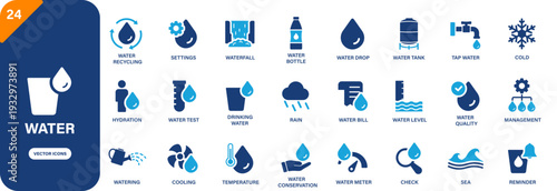 Water icon collection featuring water drop, rain, sea, tap water and watering symbols. Solid vector icons.