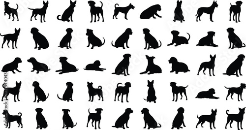 Puppy silhouette set, cute dog vector icons, canine breeds collection, domestic pet profile silhouettes, black animal figures, isolated puppy graphics, nature.