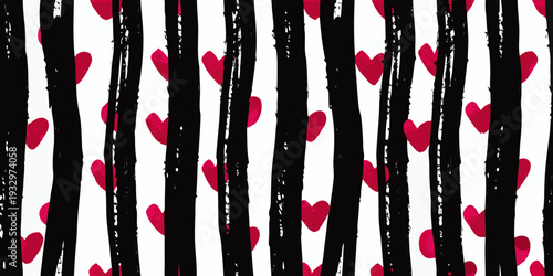 Bold vertical stripes with scattered pink hearts on a white background