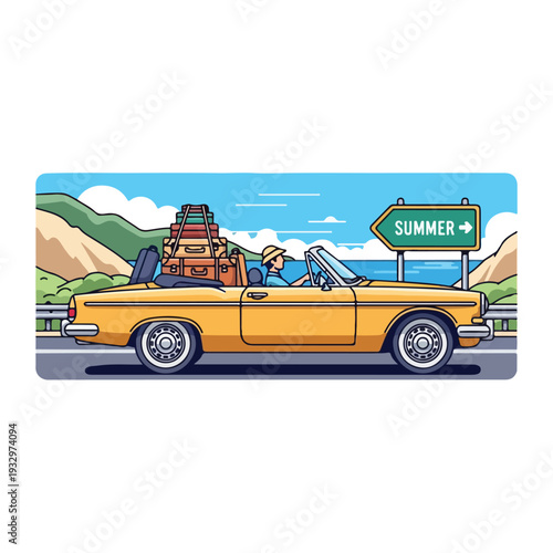 Illustration of a yellow convertible car with luggage on the roof driving on a road by the sea towards a summer destination.