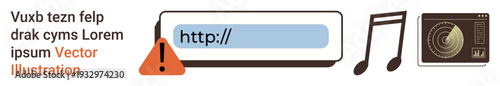 Online security, multimedia, internet issues, user interfaces, cybersecurity, error alert. Warning icon, URL bar music notes clock symbol. Online security and multimedia interface