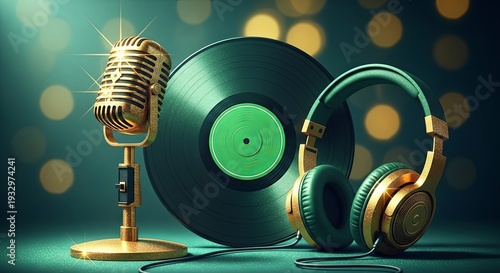 Gold microphone with green headphones and vinyl record. St. Patricks Day music concept. Studio equipment for recording audio.