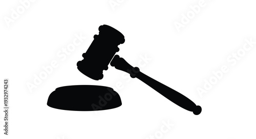 A stark black silhouette depicts a judge s gavel resting upon a sound block symbolizing justice and legal proceedings silhouette