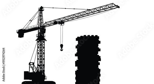 A striking black silhouette of a construction crane positioned alongside a building under construction silhouette high quality professional detailed