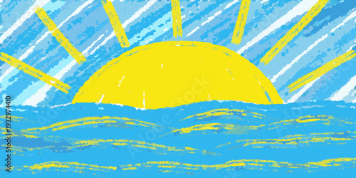 A vibrant crayon drawing depicts a sun rising over a wavy blue sea