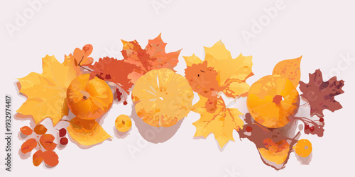A colorful arrangement of autumn leaves and vibrant citrus fruits