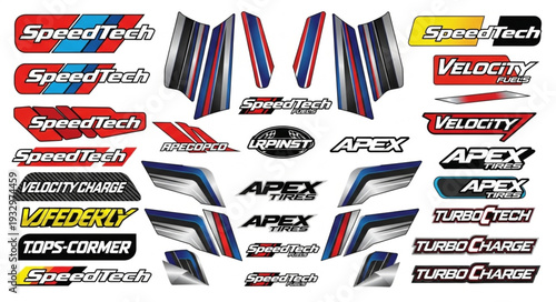 Racing decals and stickers with various brand names and designs for vehicles.