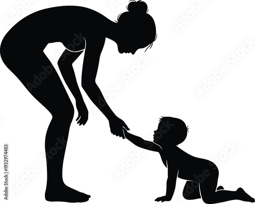 Silhouette adult reaching hand to crawling child, family bonding vector illustration, parenting guidance, nurturing design, childhood connection, supportive posture art