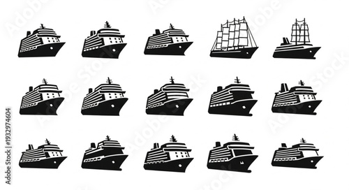 Collection of various cruise ships and sailing vessels in black and white, maritime transport.