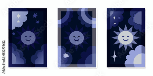 Three illustrated panels depicting smiling suns and nighttime scenes