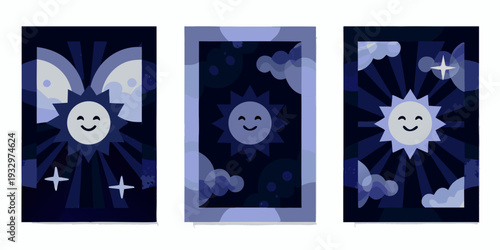 Three whimsical panels depict smiling suns moons and starry night skies