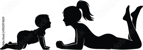Silhouette baby crawling with adult lying down, family bonding vector illustration, childhood development, communication posture, playful design, parent child interaction