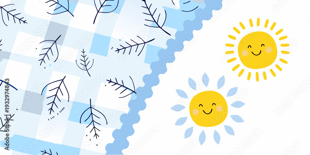 Fototapeta premium Whimsical illustration featuring a smiling sun and leafy branches on blue