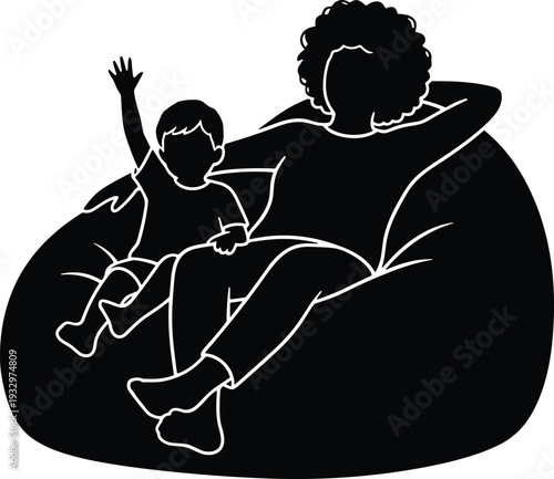 Silhouette adult and child relaxing on bean bag chair, leisure vector illustration, family bonding, comfort design, joyful posture, quality time