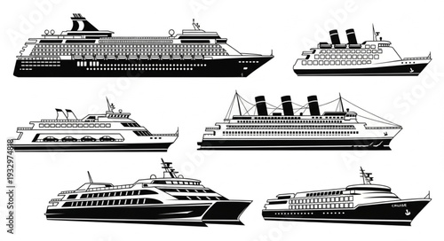 Collection of various cruise ships and vessels in black and white, side views.