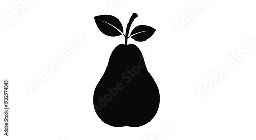 A minimalist depiction of a pear with a leafy stem against a white background presented as a silhouette