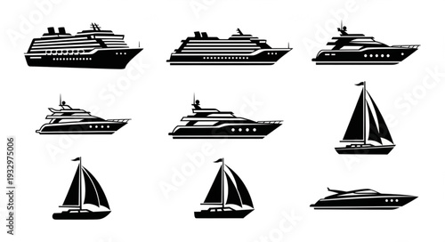Collection of various black and white boat illustrations for design and decoration.