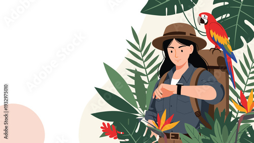 Female explorer with a backpack checking her watch while standing in a jungle with a colorful parrot on her shoulder.