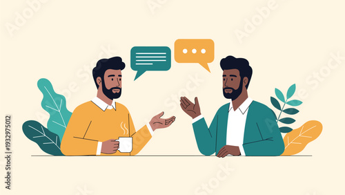 Two diverse men having a friendly conversation over coffee with speech bubbles representing their discussion in a cafe.