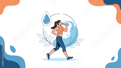 Active young woman jogging outdoors while drinking water from a bottle to stay hydrated during her fitness workout.