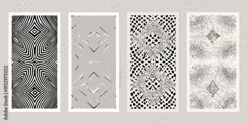 Four abstract vertical panels with varying geometric black and white patterns