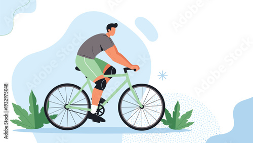 Athletic man riding a bicycle through a scenic park with abstract shapes and foliage representing healthy outdoor activity.