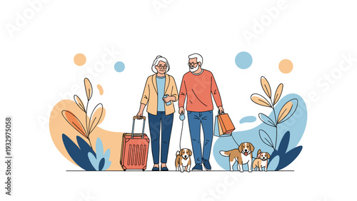 Senior couple traveling together with a suitcase and walking their three happy small dogs in an artistic outdoor landscape.
