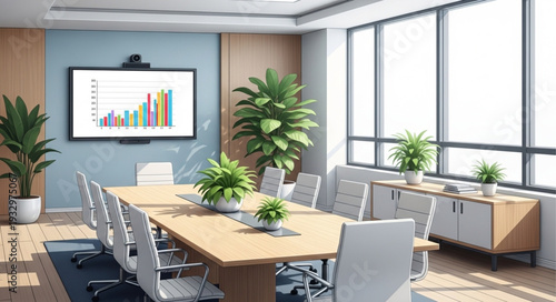 Modern conference room with a large table and presentation screen.
