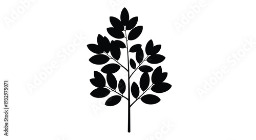 A striking black silhouette of a leafy branch with numerous rounded leaves against a clean white background silhouette