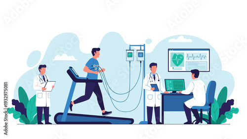 Male athlete running on a treadmill in a sports science laboratory while being monitored by a team of medical doctors.