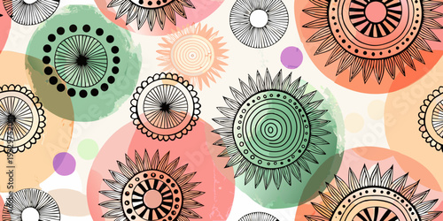 Colorful patterned circles and floral designs create a vibrant backdrop