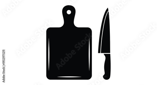 A minimalist depiction of a cutting board and knife presented in a striking black silhouette high quality professional detailed