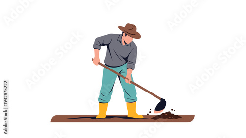 Hardworking farmer in a hat and boots using a hoe to till the soil in a field during a sunny day of manual agricultural labor.