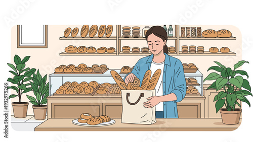 Baker at a local bakery shop prepares fresh bread and baguettes by placing them into a paper bag for a customer service.