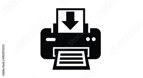 A stark black silhouette of a printer producing a document with an arrow pointing downwards representing output high quality