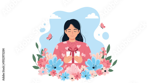 Happy girl holding a wrapped gift box with a bow while surrounded by large pink flowers and flying butterflies in a garden.
