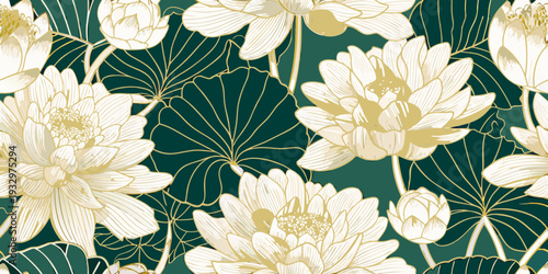 Elegant floral pattern featuring golden lotus flowers on a dark teal background