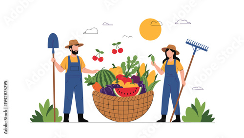 Two farmers standing proudly next to a massive wicker basket overflowing with a harvest of fresh fruits and vegetables.