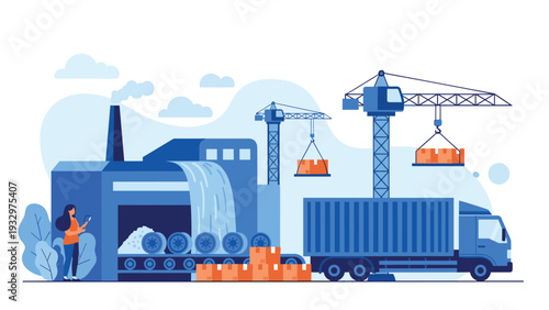 Industrial manufacturing factory building featuring large conveyor belts, tall blue cranes, and a heavy delivery truck for logistics.