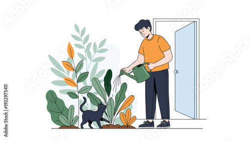 Young man wearing a casual orange shirt watering various green indoor potted plants with a watering can while a black cat walks by.