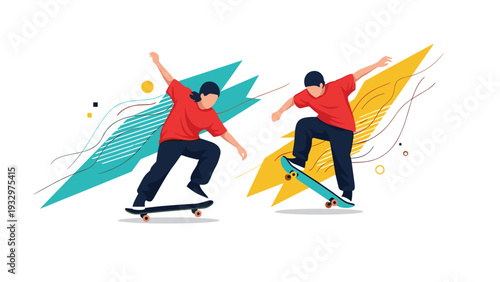 Dynamic illustration of two male skateboarders performing aerial tricks and jumps against colorful abstract geometric background shapes.