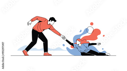 Supportive man reaching out his hand to help a woman rise from a colorful abstract wave in a symbolic gesture of teamwork and aid.