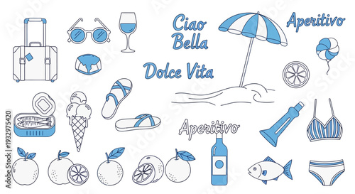 Illustration of summer vacation icons including beachwear, drinks, and food, symbolizing leisure and relaxation, in a collection of line art graphics.