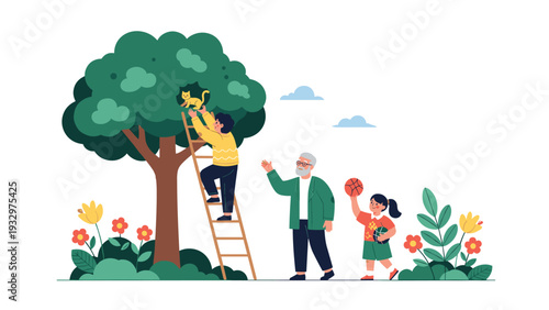 Brave young boy climbing a wooden ladder to rescue a small yellow cat from a tall green tree while his grandfather and sister watch.