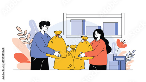 Workers in a warehouse organizing large yellow sacks and cardboard boxes on shelves to manage storage and inventory.