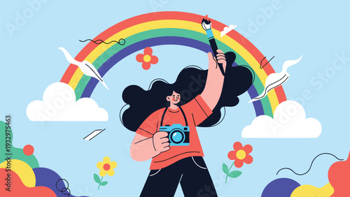 Creative woman artist standing proudly while holding a digital camera and a paintbrush under a vibrant colorful rainbow in the sky.