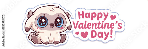Cute cartoon animal holding a pink sign for Valentine's Day celebration. Cute big-eyed animal delivering Happy Valentine's Day message